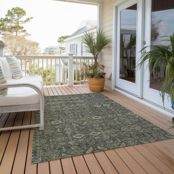 Homeroots 9' X 12' Moss Green And Gray Floral Washable Non Skid Indoor Outdoor Area Rug Taupe Polyester 564381