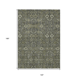 Homeroots 10' X 14' Moss Green And Gray Floral Washable Non Skid Indoor Outdoor Area Rug Taupe Polyester 564382