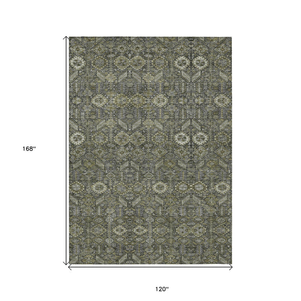 Homeroots 10' X 14' Moss Green And Gray Floral Washable Non Skid Indoor Outdoor Area Rug Taupe Polyester 564382