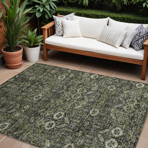 Homeroots 10' X 14' Moss Green And Gray Floral Washable Non Skid Indoor Outdoor Area Rug Taupe Polyester 564382
