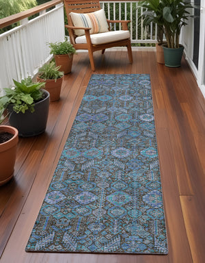 Homeroots 8' Runner Blue And Coffee Floral Washable Non Skid Indoor Outdoor Runner Rug Teal Polyester 564384