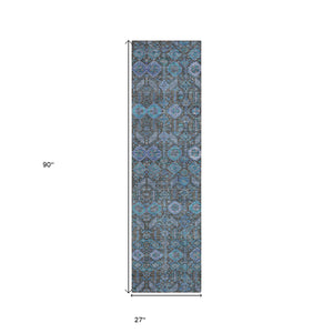 Homeroots 8' Runner Blue And Coffee Floral Washable Non Skid Indoor Outdoor Runner Rug Teal Polyester 564384