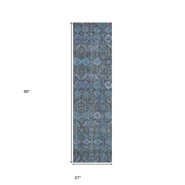 Homeroots 8' Runner Blue And Coffee Floral Washable Non Skid Indoor Outdoor Runner Rug Teal Polyester 564384
