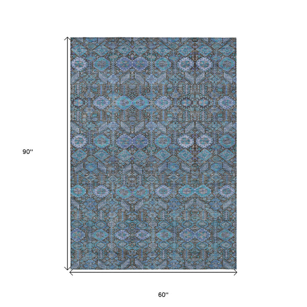 Homeroots 5' X 8' Blue And Coffee Floral Washable Non Skid Indoor Outdoor Area Rug Teal Polyester 564387