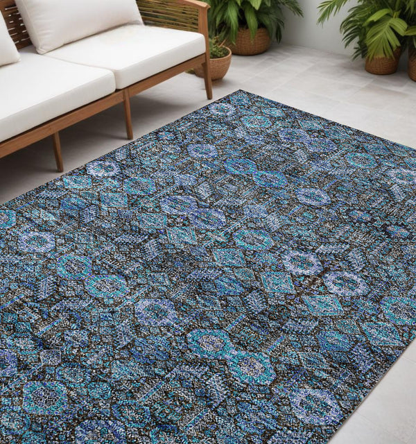 Homeroots 5' X 8' Blue And Coffee Floral Washable Non Skid Indoor Outdoor Area Rug Teal Polyester 564387