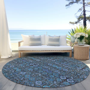 Homeroots 8' X 8' Teal Round Tribal Washable Indoor Outdoor Area Rug Teal Polyester 564388