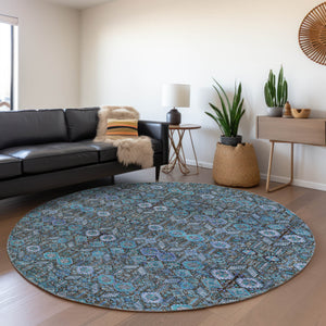 Homeroots 8' X 8' Teal Round Tribal Washable Indoor Outdoor Area Rug Teal Polyester 564388