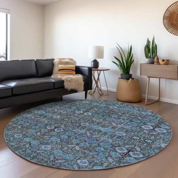 Homeroots 8' X 8' Teal Round Tribal Washable Indoor Outdoor Area Rug Teal Polyester 564388