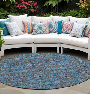 Homeroots 8' X 8' Teal Round Tribal Washable Indoor Outdoor Area Rug Teal Polyester 564388