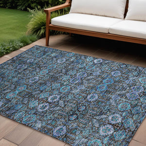 Homeroots 9' X 12' Blue And Coffee Floral Washable Non Skid Indoor Outdoor Area Rug Teal Polyester 564390