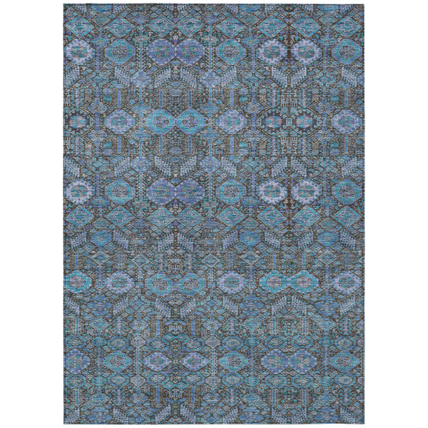 Homeroots 9' X 12' Blue And Coffee Floral Washable Non Skid Indoor Outdoor Area Rug Teal Polyester 564390