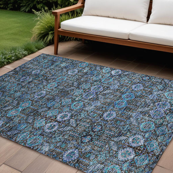 Homeroots 8' Runner Rug – Stylish Blue And Black Floral Design, Washable, Non-skid For Indoor And Outdoor Use 10' X 14' Polyester 564391