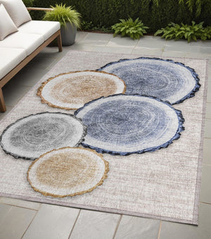 HomeRoots 5' Stylish Beige Blue and Gold Faux Bois Area Rug for Indoor and Outdoor Spaces, Washable Design 5' X 8' 564396