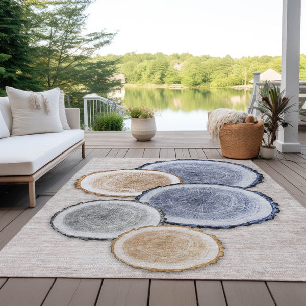 HomeRoots 5' Stylish Beige Blue and Gold Faux Bois Area Rug for Indoor and Outdoor Spaces, Washable Design 5' X 8' 564396