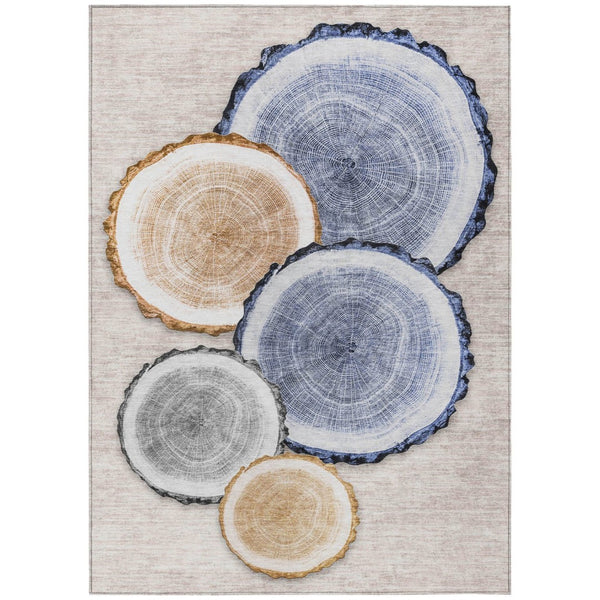 HomeRoots 5' Stylish Beige Blue and Gold Faux Bois Area Rug for Indoor and Outdoor Spaces, Washable Design 5' X 8' 564396