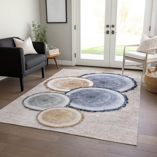 HomeRoots 5' Stylish Beige Blue and Gold Faux Bois Area Rug for Indoor and Outdoor Spaces, Washable Design 5' X 8' 564396