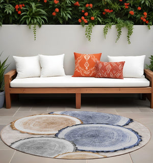 HomeRoots 5' Stylish Beige Blue and Gold Faux Bois Area Rug for Indoor and Outdoor Spaces, Washable Design 8' Round 564397