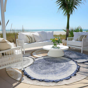 HomeRoots 5' Stylish Beige Blue and Gold Faux Bois Area Rug for Indoor and Outdoor Spaces, Washable Design 8' Round 564397