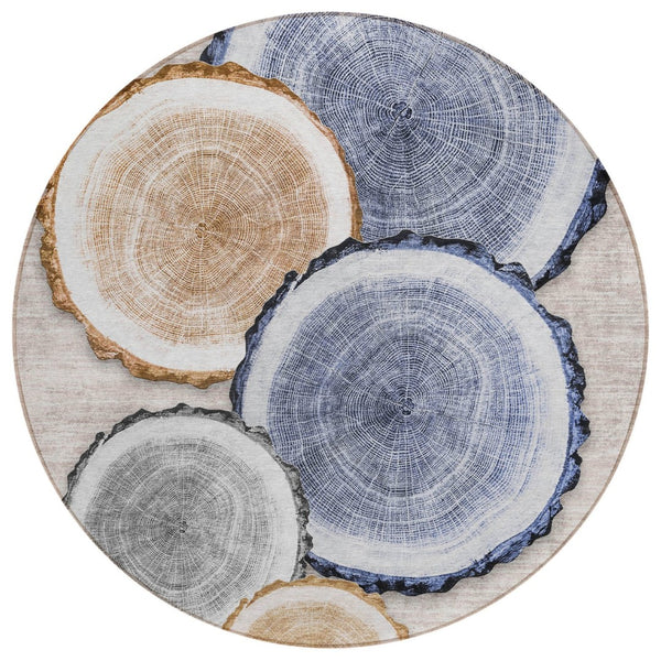 HomeRoots 5' Stylish Beige Blue and Gold Faux Bois Area Rug for Indoor and Outdoor Spaces, Washable Design 8' Round 564397