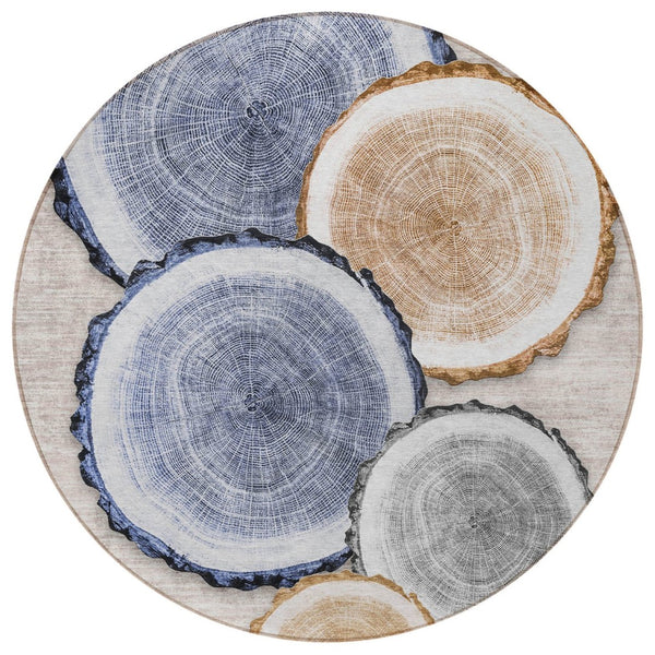 HomeRoots 5' Stylish Beige Blue and Gold Faux Bois Area Rug for Indoor and Outdoor Spaces, Washable Design 8' Round 564397