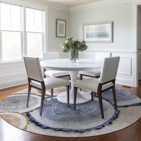 HomeRoots 5' Stylish Beige Blue and Gold Faux Bois Area Rug for Indoor and Outdoor Spaces, Washable Design 8' Round 564397