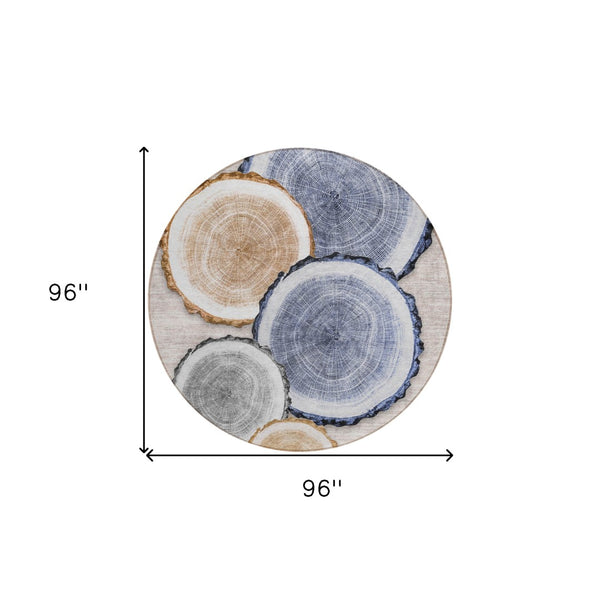 HomeRoots 5' Stylish Beige Blue and Gold Faux Bois Area Rug for Indoor and Outdoor Spaces, Washable Design 8' Round 564397