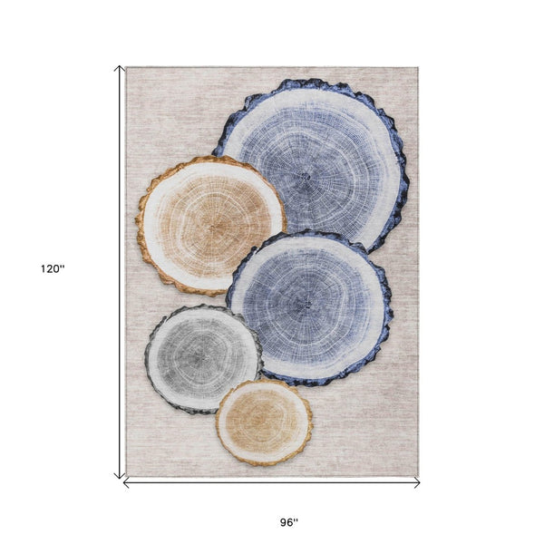 HomeRoots 5' Stylish Beige Blue and Gold Faux Bois Area Rug for Indoor and Outdoor Spaces, Washable Design 8' X 10' 564398