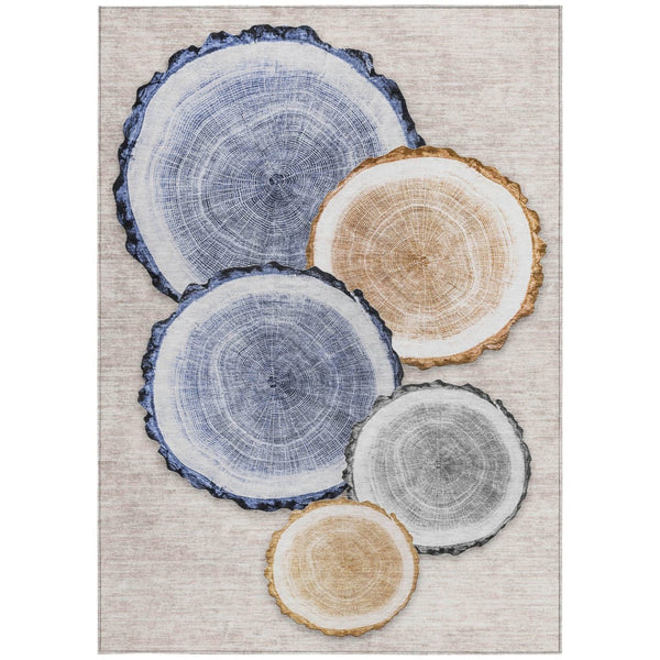 HomeRoots 5' Stylish Beige Blue and Gold Faux Bois Area Rug for Indoor and Outdoor Spaces, Washable Design 9' X 12' 564399