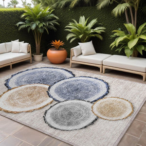 HomeRoots 5' Stylish Beige Blue and Gold Faux Bois Area Rug for Indoor and Outdoor Spaces, Washable Design 9' X 12' 564399