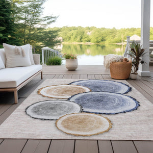 HomeRoots 5' Stylish Beige Blue and Gold Faux Bois Area Rug for Indoor and Outdoor Spaces, Washable Design 10' X 14' 564400