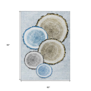 HomeRoots 5' Stylish Beige Blue and Gold Faux Bois Area Rug for Indoor and Outdoor Spaces, Washable Design 5' X 8' 564405