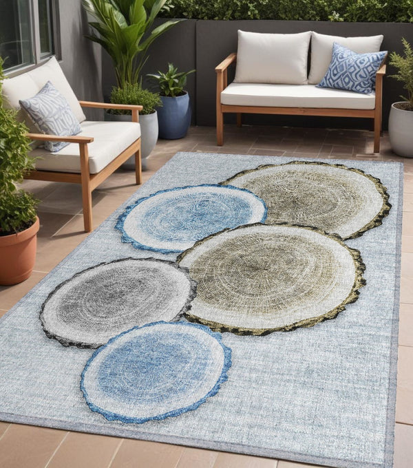 HomeRoots 5' Stylish Beige Blue and Gold Faux Bois Area Rug for Indoor and Outdoor Spaces, Washable Design 5' X 8' 564405