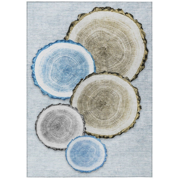 HomeRoots 5' Stylish Beige Blue and Gold Faux Bois Area Rug for Indoor and Outdoor Spaces, Washable Design 5' X 8' 564405
