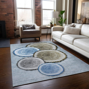 HomeRoots 5' Stylish Beige Blue and Gold Faux Bois Area Rug for Indoor and Outdoor Spaces, Washable Design 5' X 8' 564405