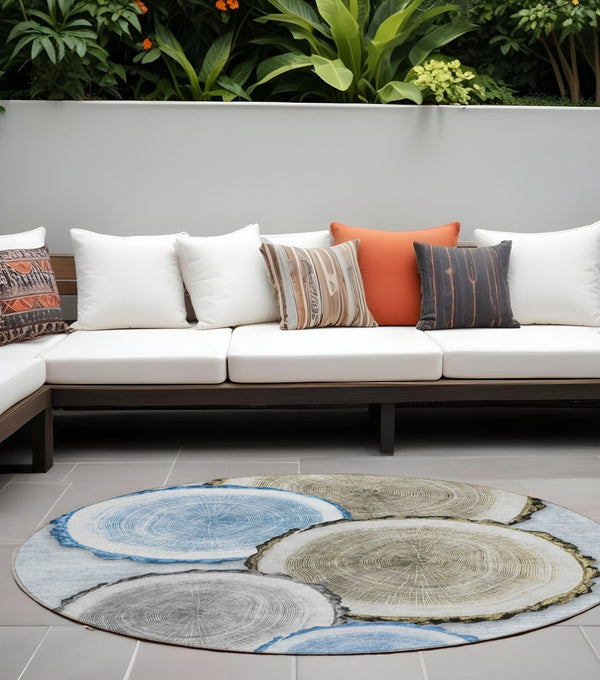 HomeRoots 5' Stylish Beige Blue and Gold Faux Bois Area Rug for Indoor and Outdoor Spaces, Washable Design 8' Round 564406