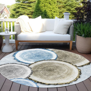 HomeRoots 5' Stylish Beige Blue and Gold Faux Bois Area Rug for Indoor and Outdoor Spaces, Washable Design 8' Round 564406