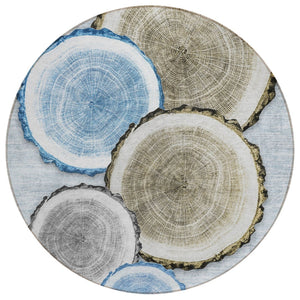 HomeRoots 5' Stylish Beige Blue and Gold Faux Bois Area Rug for Indoor and Outdoor Spaces, Washable Design 8' Round 564406