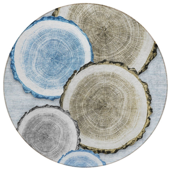 HomeRoots 5' Stylish Beige Blue and Gold Faux Bois Area Rug for Indoor and Outdoor Spaces, Washable Design 8' Round 564406