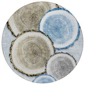 HomeRoots 5' Stylish Beige Blue and Gold Faux Bois Area Rug for Indoor and Outdoor Spaces, Washable Design 8' Round 564406