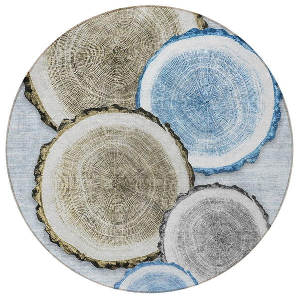 HomeRoots 5' Stylish Beige Blue and Gold Faux Bois Area Rug for Indoor and Outdoor Spaces, Washable Design 8' Round 564406