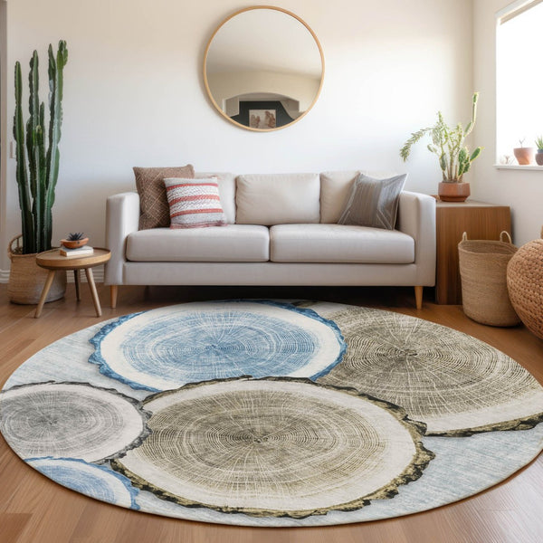 HomeRoots 5' Stylish Beige Blue and Gold Faux Bois Area Rug for Indoor and Outdoor Spaces, Washable Design 8' Round 564406