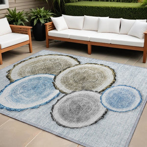 HomeRoots 5' Stylish Beige Blue and Gold Faux Bois Area Rug for Indoor and Outdoor Spaces, Washable Design 9' X 12' 564408