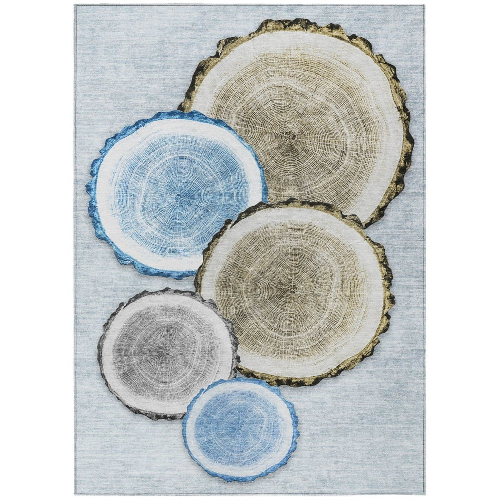 HomeRoots 5' Stylish Beige Blue and Gold Faux Bois Area Rug for Indoor and Outdoor Spaces, Washable Design 9' X 12' 564408
