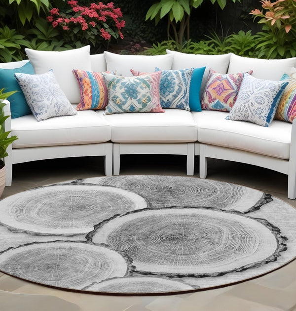 HomeRoots 5' Stylish Beige Blue and Gold Faux Bois Area Rug for Indoor and Outdoor Spaces, Washable Design 8' Round 564415