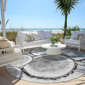 HomeRoots 5' Stylish Beige Blue and Gold Faux Bois Area Rug for Indoor and Outdoor Spaces, Washable Design 8' Round 564415
