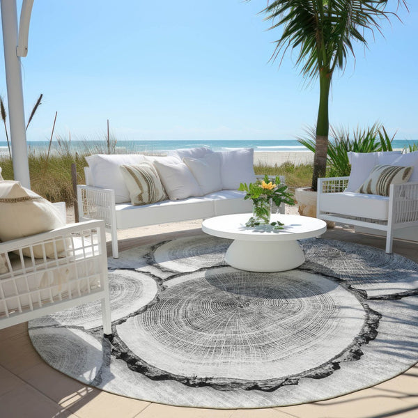 HomeRoots 5' Stylish Beige Blue and Gold Faux Bois Area Rug for Indoor and Outdoor Spaces, Washable Design 8' Round 564415