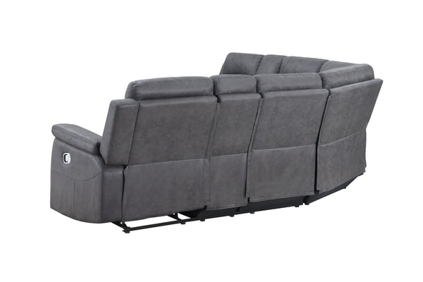 HomeRoots Gray Faux Leather Reclining Curved Corner Sectional with Console – Stylish Comfort for Any Space! 564419