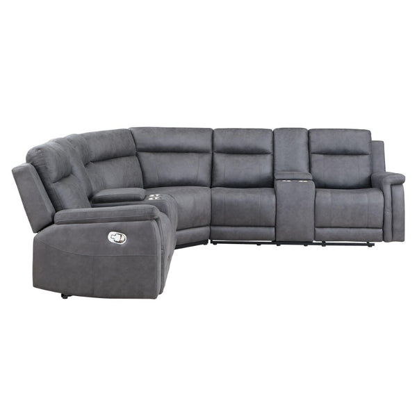 HomeRoots Gray Faux Leather Reclining Curved Corner Sectional with Console – Stylish Comfort for Any Space! 564419