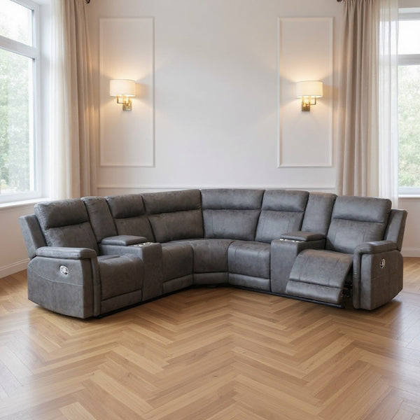 HomeRoots Gray Faux Leather Reclining Curved Corner Sectional with Console – Stylish Comfort for Any Space! 564419