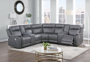 HomeRoots Gray Faux Leather Reclining Curved Corner Sectional with Console – Stylish Comfort for Any Space! 564419